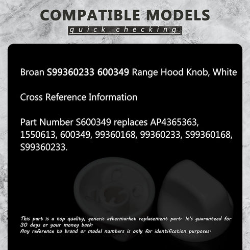 S600349 Range Hood Knob, S99360233 Fan Knob Replacement Parts for Kitchen Appliances, 2PCS White