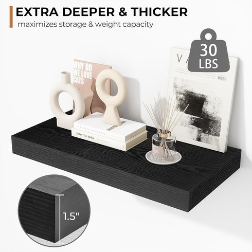 16 Inch 2 Pack, Fun Memories Floating Shelves - Deep Rustic Black Wooden Wall Shelves - Extra Deeper & Thicker Wall