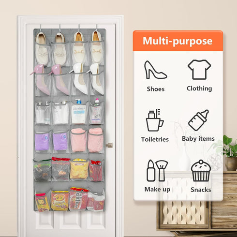 FENTEC 2 Pack Over the Door Shoe Organizer | Hanging Shoe Storage with 24 Pockets, Space Saving Gray Mesh