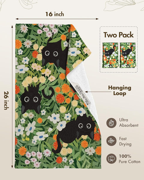 Set 2 1626 Inch Miss Adola Cotton Kitchen Towels of - Cute Design Dish Towels for Kitchen with Hanging Loop Black Cats
