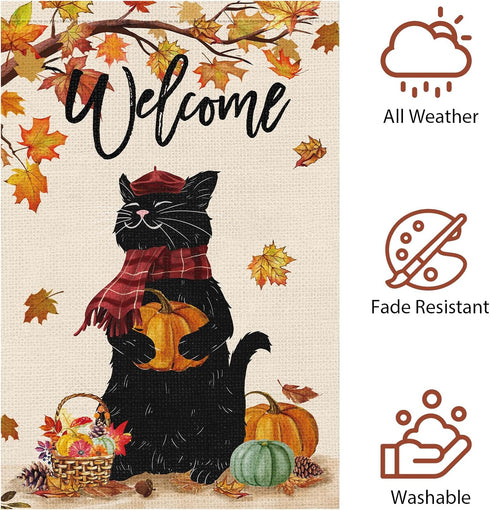 Welcome Fall Garden Flag 12 x 18 Inch, Double Sided Burlap Black Cat with Pumpkins, Autumn Maple Leaves Thanksgiving
