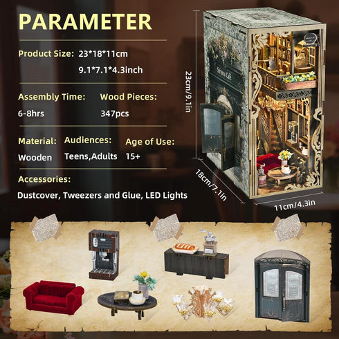 3D CCCDF Book Nook Kits for Adults and Teens, DIY Miniature Dollhouse Kit Wooden Puzzle Booknook Bookend with LED