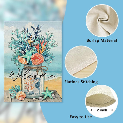 Welcome Summer Decorative Garden Flag, Mason Jar Beach Coastal Coral Starfish Shell Sea Horse, 12 x 18 Double Sided