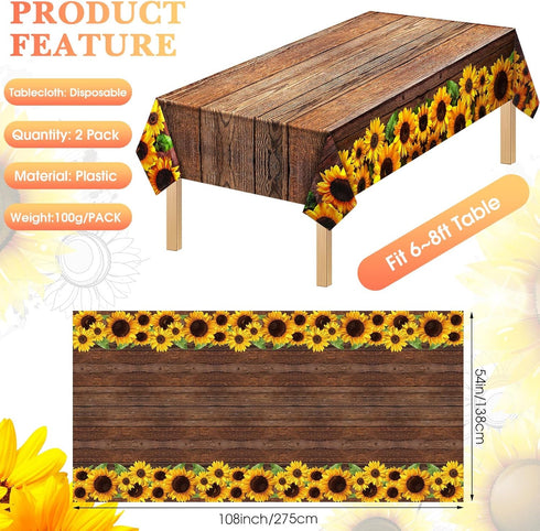 Tegeme 2 Countryside 54 108 Inch Pcs Sunflower Wood Grain Plastic Rustic Tablecloth Vintage Rectangle Table Covers