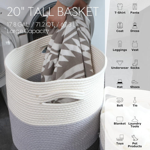 Sea Team Large Cotton Rope Woven Storage Basket with Lid, 16 x 20 inches, White & Pink, Clothes Toys Organizer