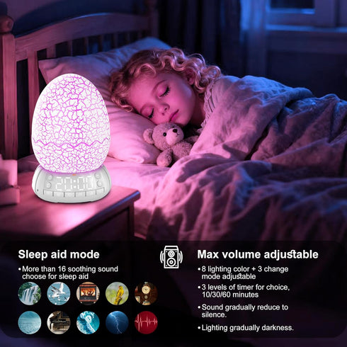 MTDYHY 4 in1, 11 Dinosaur Egg Kids Clock/Decorative Lamp/Night Light/Bluetooth Speaker/White Noise Lullaby Machine