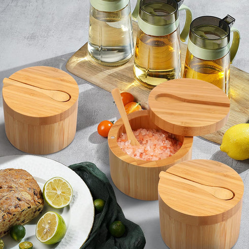 HTB Bamboo Salt Cellar with Mini Spoon, Kitchen Salt Box with Swivel Magnetic Closure Lid, Round Salt Container