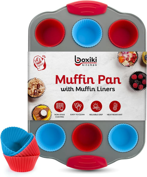 Boxiki Kitchen 12 Cup Mini Muffin Pan with Silicone Liners, Non-Stick Steel Bakeware for Baking Muffins
