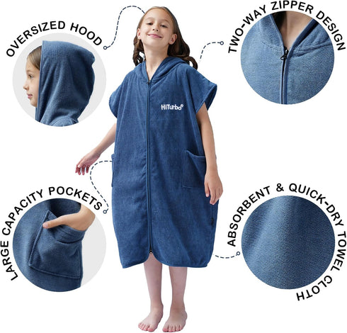 Swimming Hiturbo Kids Bath Towel Hoodie: Absorbent Quick Dry Zipper Surf Poncho - Changing Towels Outerwear (Navy Blue)
