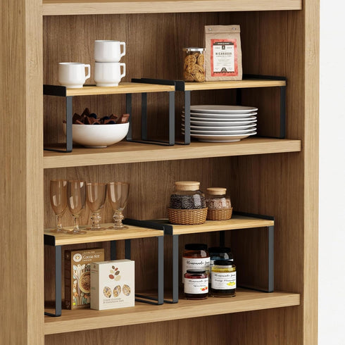 Kitchen Cabinet Organizer Shelves, Set of 4 Expandable Counter Shelf Rack for Plates, Dishes, and Mugs (Bamboo, Black)
