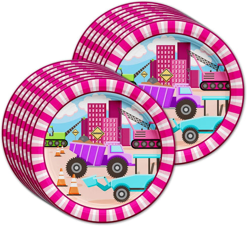 Set 16 Girl Pink Construction Trucks Birthday Party Supplies Plates Napkins Cups Tableware Kit
