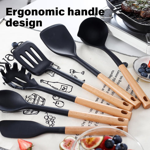 NCUE Kitchen Utensils Set, 6 Pcs Large Non-stick Silicone Cooking Utensils with Wooden Handle (Black)