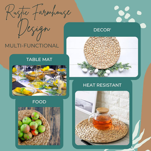Set of 8 Round Woven Placemats, Natural Water Hyacinth Wicker Placemats, Heat Resistant Non-Slip Table Mats (13.5")