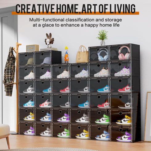 KEFA XL Shoe Storage Box Organizer, 6 Pack Clear Plastic Stackable Shoe Boxes for US 13 (Side 6 PACK BLACK)