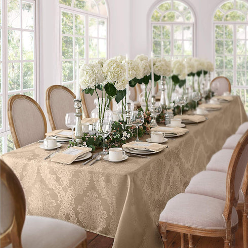 Newbridge Barcelona Luxury Tablecloth, 52” x 70” Rectangle, Golden Beige Damask Fabric, 100% Polyester, No Iron, Soil