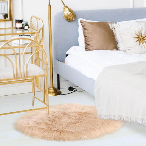 uxcell Faux Fur Round Rug, Fluffy Area Mat, 3 x 3 Feet Khaki, Fluff Rugs for Bedroom Floor Sofa Living Room