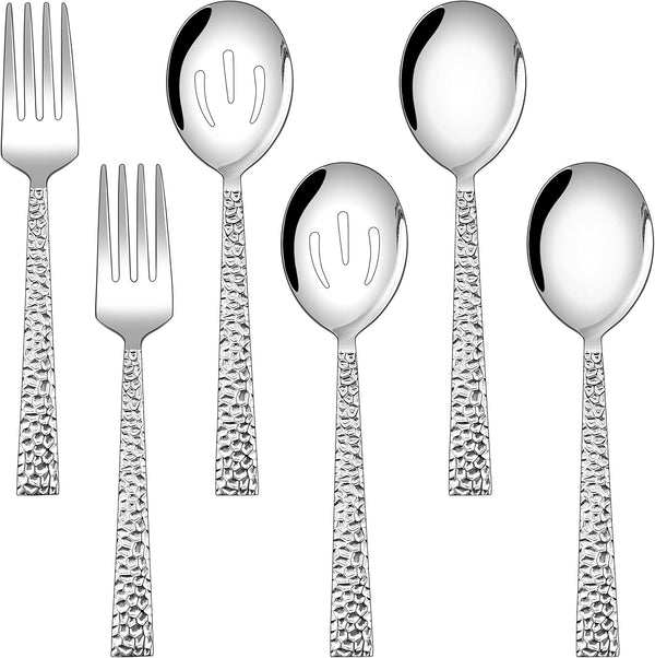 E-far 6-Piece Hammered Serving Utensils Set, 8.7 Inch Stainless Steel Hostess Spoons and Forks, Dishwasher Safe