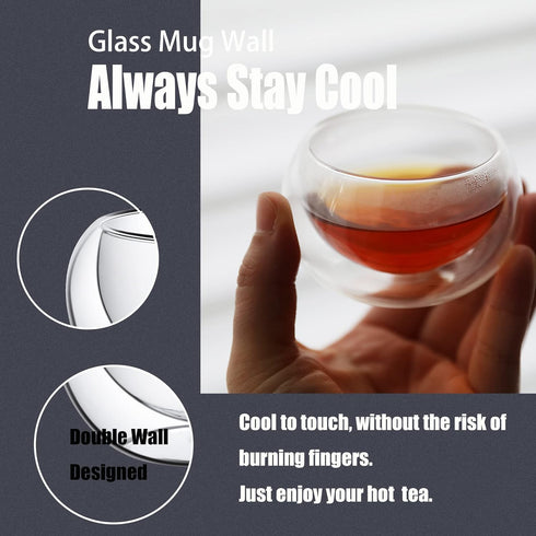 PunPun 2.7oz. Double Wall Borosilicate Glass Tea Cups, Set of 4 Heatproof Insulating Espresso Cups