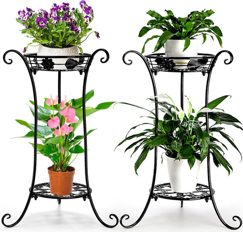 Yesland 2 Pcs Metal Plant Stand Indoor Outdoor, 2 Tier Black Iron