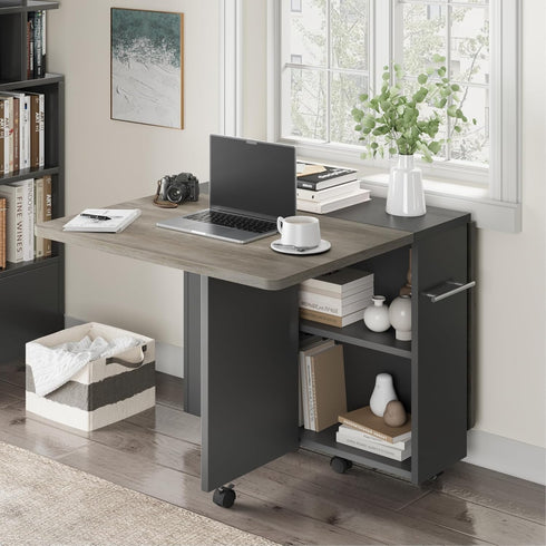 2 Set 4, Space Saving Folding Dining Table with Tier Storage-Extendable Drop Leaf Farmhouse Wood Kitchen Dining Room
