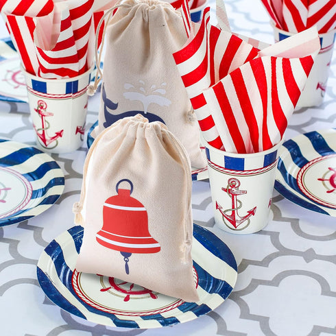 24 Pack 7 5 inch Shellwei Nautical Gift Bags Cotton Nautical Anchors Drawstring Bags Themed Favor Boat Goodie x