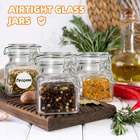 20 Pack 4 oz 4oz SKOCHE Spice Jars Small Glass Jars with Airtight Hinged Lids, Spice Herb Jars with Labels and Silicone