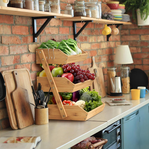 Bamboo Fruit Basket 3-Tier - Premium Produce Basket for Kitchen with 2 Hangers, Durable & Easy to Assemble Fruit Stand
