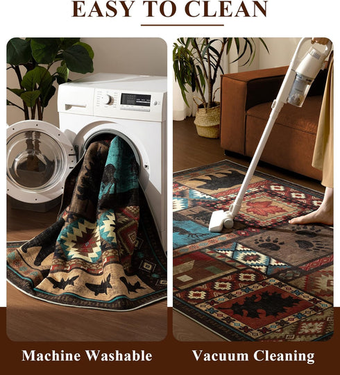 4x6,Machine YIHOUSE Rustic Cabin Area Rug Washable Lodge Bear Rug,Non-Slip Low Pile Print Pattern Western Aztec Rug