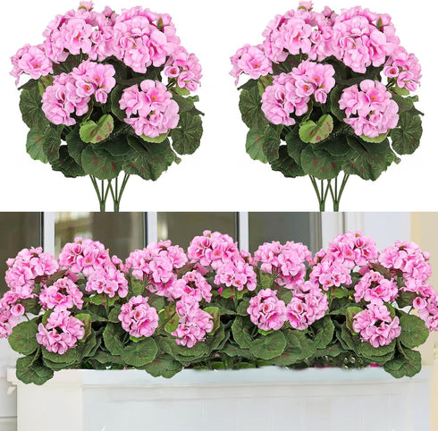 TOCHGREEN Artificial Fake Flowers, Purple Pink Geranium Silk Bush 2 Bundles for Outdoor Decor