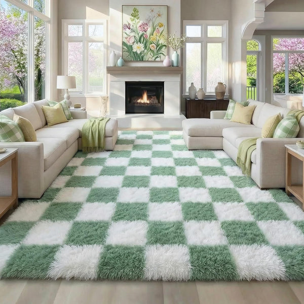 KICMOR Living Room Rugs 5x8 Sage Green and White, Large Fluffy Furry
