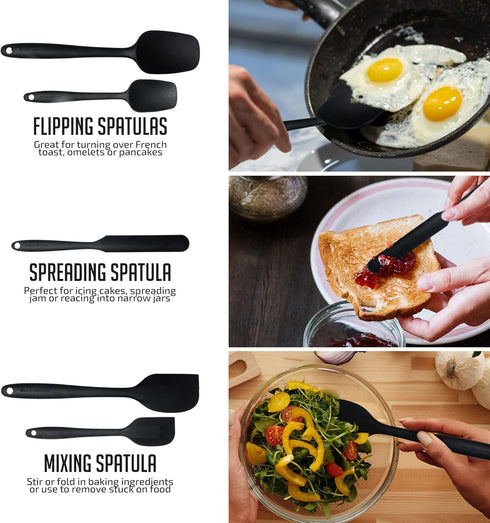 OVENTE Set of 5 Silicone Spatulas, Heat Resistant Food Grade Rubber with Stainless Steel Core, Black