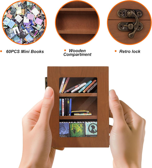 DIIWOODX 60PCS Anxiety Mini Bookshelf Mini Books with Wooden Miniature Book Library for Stress Relief, Home and Office