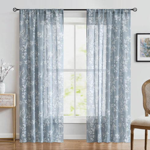 FMFUNCTEX Linen Sheer Curtains - Blue White Blossom Print, 84 Inches Long, Floral Patterned Window Drapes, 2 Panels