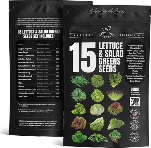 Pack 15 7300+ Lettuce & Salad Greens Seeds Variety Spinach, Kale, Arugula, Romaine & Iceberg Lettuce Varieties, Non-GMO