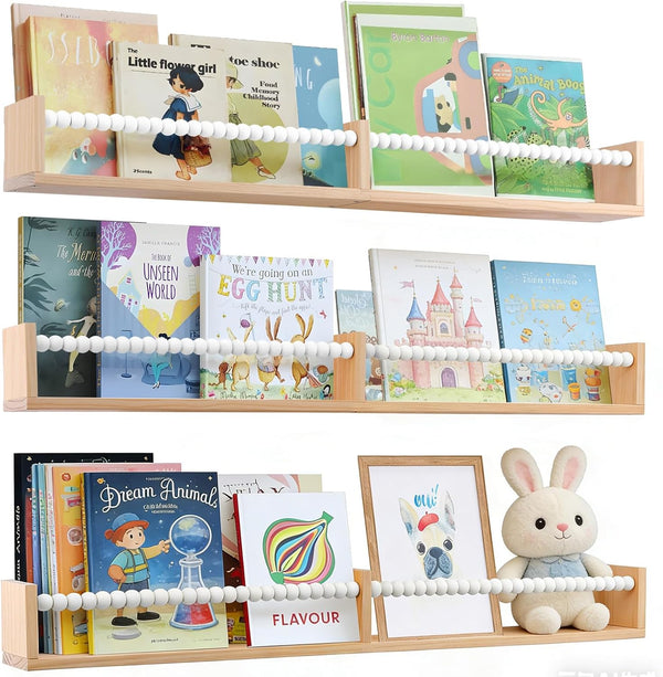 birola Nursery Bookshelf,Set of 3 White Wood Floating Bookshelf for Kids,Nursery Shelves for