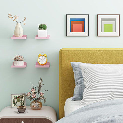 5x5 Inches Set 4, Fixwal Pink Shelves, Small Wall Shelf of Rustic Wood Floating Wall Mounted Shelves for Bedroom