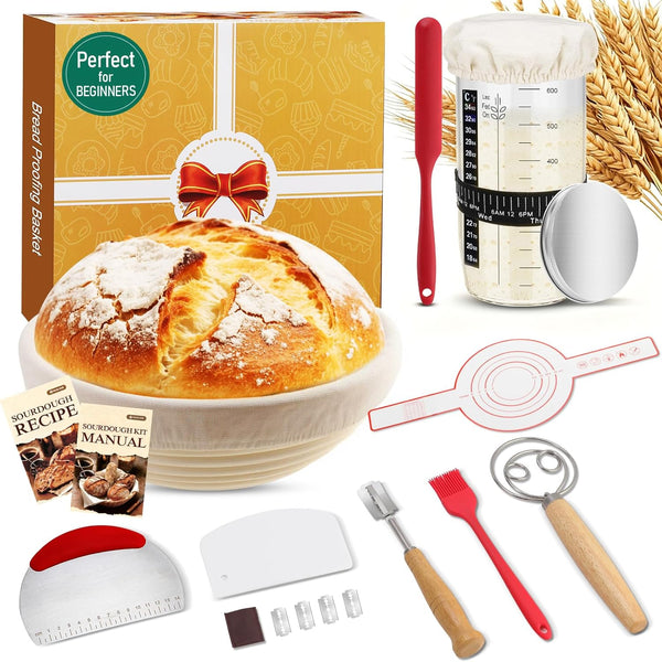 Complete Sourdough Starter Kit, 9 Inch Bread Proofing Basket, 24 Oz Sourdough