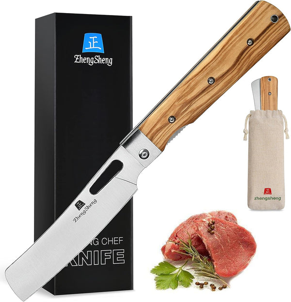 ZhengSheng 4.8” Folding Chef Knife, Ultra Sharp 440A Stainless Steel Blade, Natural Olive Handle, Japanese Style Pocket