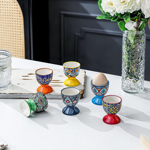 Set 6 HENXFEN LEAD Boho Ceramic Egg Cups of Colorful Egg Holders for Soft & Hard Boiled Eggs, Microwave & Dishwasher
