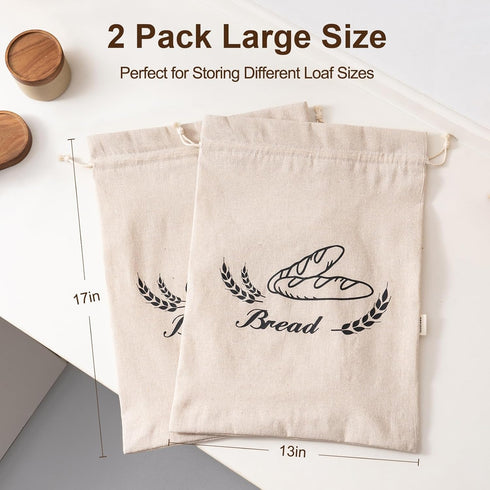2 Pack 17" 13" Linen Bread Bags for Homemade Bread - Plastic Lined - Reusable Linen Sourdough Bread Storage Bags