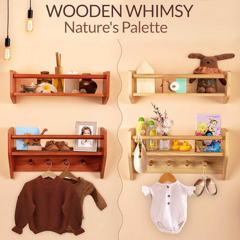 BINGY Set 2 2-Tier 15.71" 4.8" 5.5" Nursery Book Shelves - of Wall Shelves with Hooks for Clothes - Nursery Bookshelves