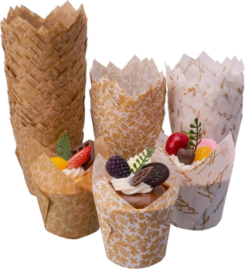 200Pcs Tulip Cupcake Liners for Baking Cups with Three Fancy Designs, Premium Cupcake Wrappers for Weddings and Parties