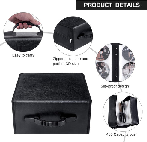 CD Case - 400 Capacity DVD Wallets, Protective CD Storage Organizer Holder Album Box Binder (Black Leather)