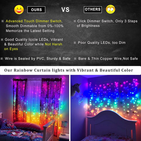 CoziTech Dimmer Rainbow Fairy String Curtain Lights with Touch Switch, Hanging LED Icicle Rainbow Lights Curtain