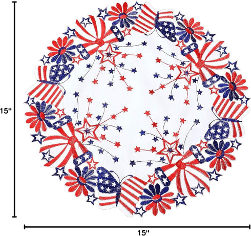 Simhomsen Embroidered Patriotic Round Doily Placemats, Set of 4 for July 4th, American Independence Day, 15 inches