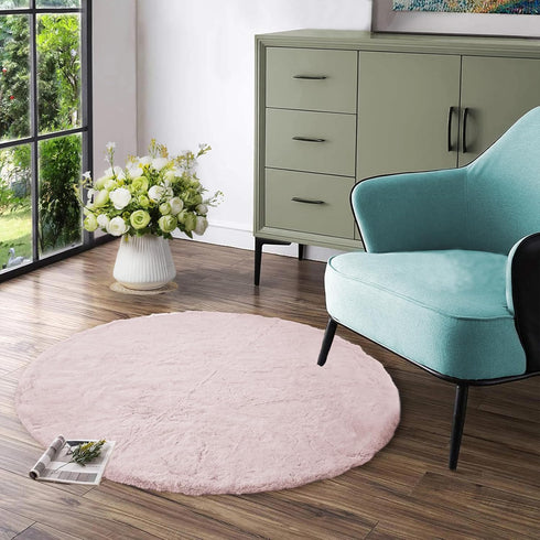 Latepis Light Pink Circle Rug 3ft, Fuzzy Round Throw Rug Non-Slip Faux Rabbit Fur Carpet for Bedroom, Living Room,