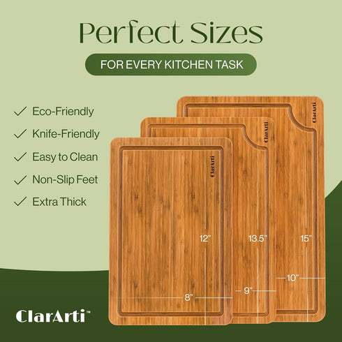 Set 3 Set Bamboo Cutting Boards for Kitchen of Non-Slip Wood Cutting Boards with Juice Groove Thick Organic Bamboo