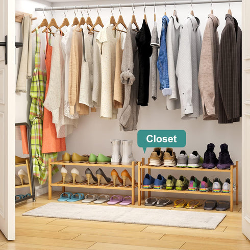 2-Tier Closet, viewcare Bamboo Shoe Rack for Entryway, Bamboo Wood Shoe Organizer for Hallway Free Standing Shoe Racks