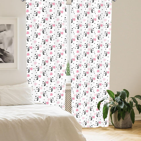 Lunarable Panda Window Curtains, Cartoon Style Bear Drawings with Pinkish Foliage Leaves, 2-Panel Set - 28" x 63", Pink