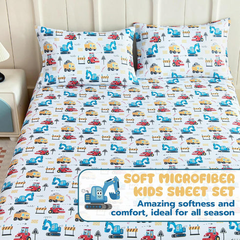 Set 4 15 Inch Queen Sheet Kids - Cars Pieces Soft Microfiber Cartoon Style Bedsheets for Boys Girls Teens, Oeko TEX